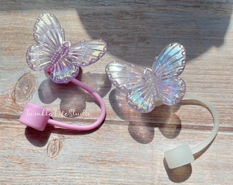 Adorno para pajita con forma de mariposa morada de colores, cubierta para pajita con diseño de mariposa láser de fantasía, accesorios para vasos, adorno para pajita antipolvo, tapa reutilizable para pajita.