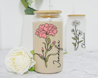 Personalized Colorful Birth Flower Glass Cup, Custom Name Birth Flower Glass Tumbler, Beer Iced Coffee Juice Glass Can, Bridesmaid Proposal