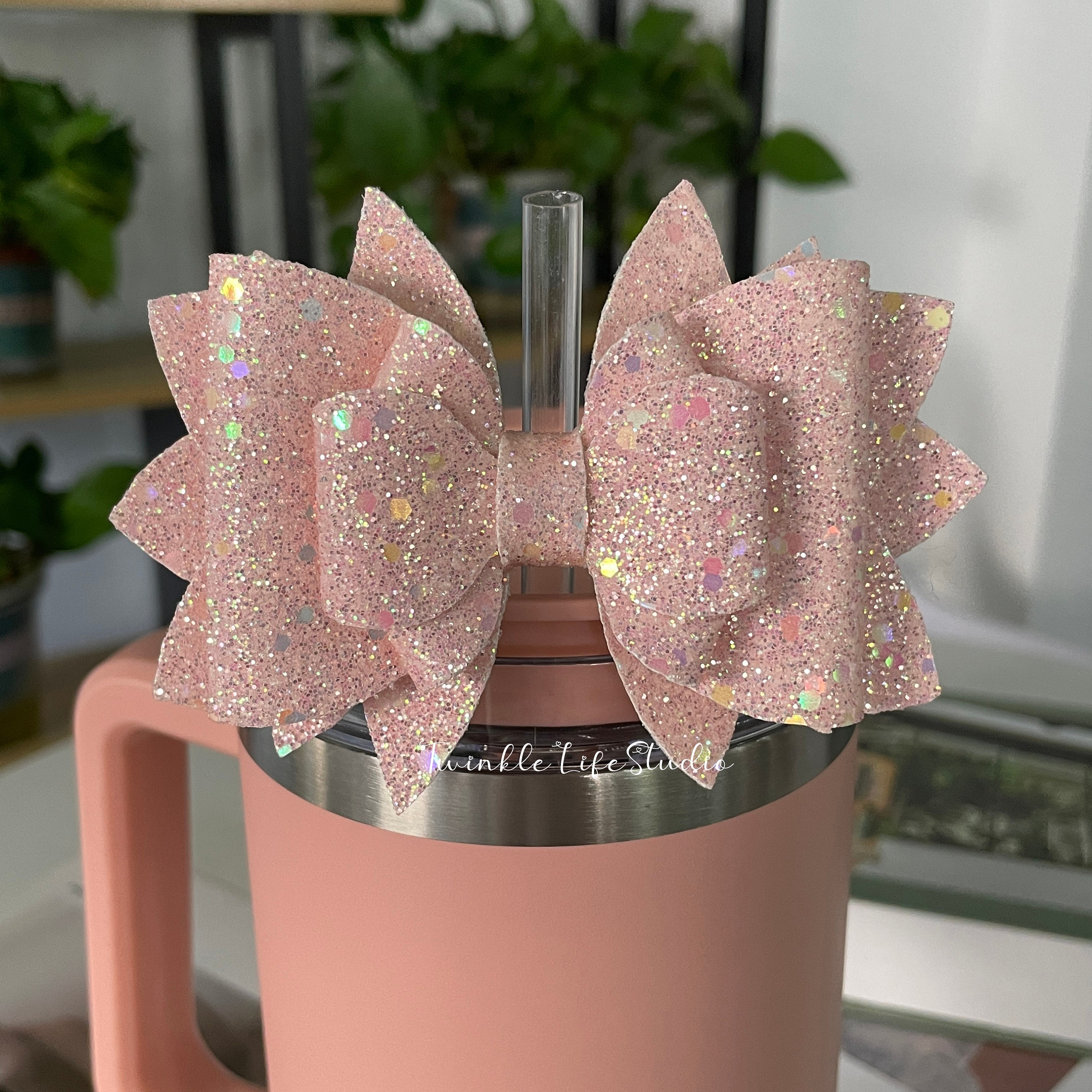 Twinkle Pink Straw Topper Bow,Sparkling Pink Bow for Tumbler Straw,Cute Glitter Pink Straw Topper Bow,Handmade Bow for Tumbler Accessories