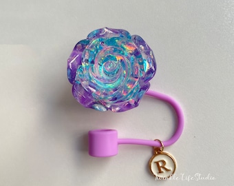 Glittering Gold Foil Purple Flower Straw Topper,Elegant Violet Purple Flower Rose Straw Cover for Women,Drink Cup Tumbler Accessories 40oz