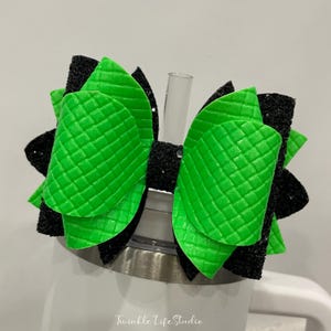 Neon Green Straw Tumbler Bow,Sparkling Glitter Green Black Tumbler Topper Bow,Handmade Glittery Leather Bow Drink Water Tumbler Accessories