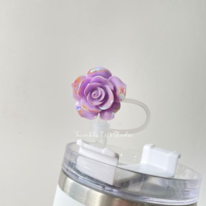 Elegant Purple Rose Straw Topper,Colorful Laser Resin Flower Straw Cover,Flower Tumbler Accessories,Reusable Silicone Straw Cap,Straw Topper