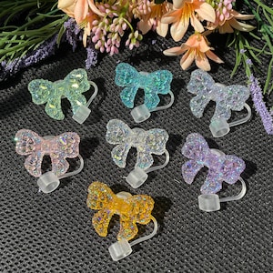 Colorful Crystal Bow Straw Topper,Shiny Bow Straw Cover,Coquette Bow Straw Topper,Reusable Dust Straw Topper Cap,Tumbler Straw Cap Cover