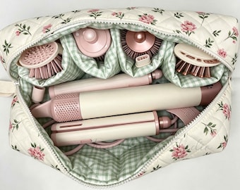 Custom Embroidered Quilted Hair Tool Organizer Bag,Pink Floral Travel Hair Tool Storage Bag,Hair Tool Protective Case with Compartments,Gift