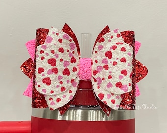 Glittery Red Pink Heart Tumbler Topper Bow,Shiny Ruby Sweet Heart Tumbler Bow,Valentine&#39;s Day Tumbler Bow Drink Tumbler Accessories Gifts