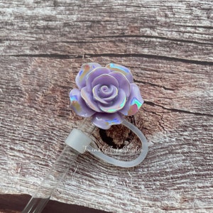 Sparkling Laser Rose Straw Topper,Resin Puprle Rose Flower Straw Cover,Flower Tumbler Accessories,Reusable Silicone Straw Cap,Straw Toppers