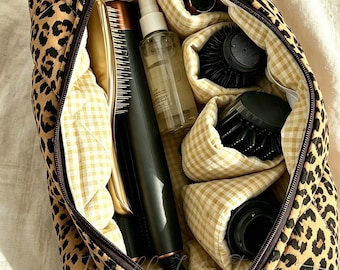 Embroidered Leopard Print Hair Tool Bag with Compartments,Custom Hair Tool Protective Case,Quilted Travel Makeup & Hair Tool Storage Bag