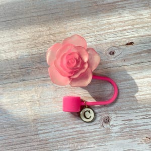May include: A pink silicone rose-shaped bottle stopper with a pink silicone loop and a gold charm with the letter "C" on it.