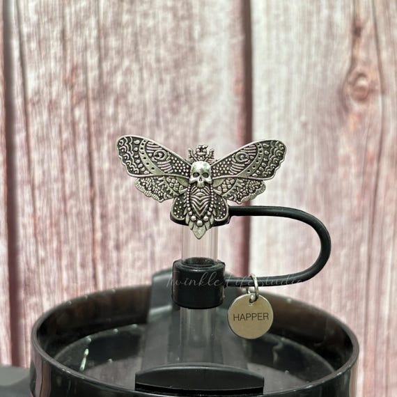 Death Head Moth Moth Tumbler Straw Topper,Goth Moth Straw Cap Cover,Topper Accessories,Deadly Damask/Spellcast Black Tumbler Straw Decor
