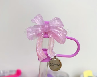 Glitter Purple Ribbon Bow Tumbler Straw Topper,Coquette Bow Straw Cap Cover,Pink Bow Topper Accessories,Love Shack Fancy Tumbler Straw Decor