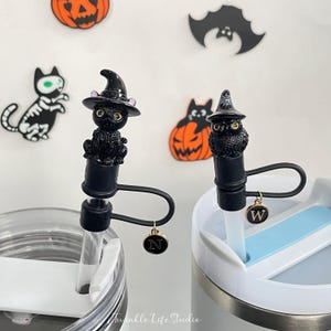 Puede incluir: Dos tapones de paja negros con temática de Halloween. Uno es un gato negro con un sombrero de bruja y el otro es un búho con un sombrero de bruja. Ambos tapones tienen un amuleto dorado unido a la paja.