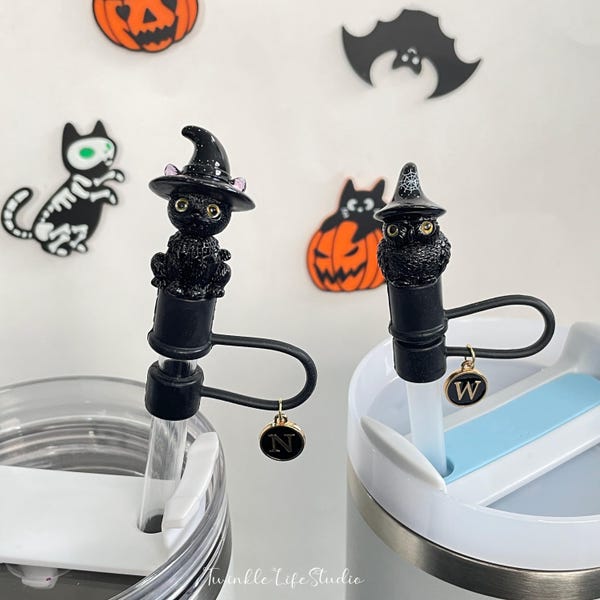 Cute Black Magic Witch Cat Owl Straw Topper,Adorable Halloween Witch Hat Cat Owl Straw Cap Cover,Halloween Straw Tumbler Topper Accessories
