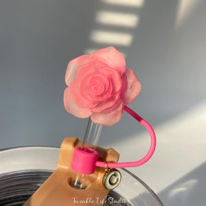 May include: A pink rose-shaped straw topper with a clear plastic straw and a pink silicone strap. The straw topper is attached to a clear glass with a brown silicone holder.