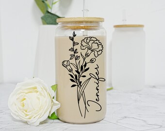 Personalized Birth Flower Coffee Tea Glass Tumbler,Custom Name Clear Frosted Galss Cup,Custom Glass Cans for Party,Bridesmaid Proposal Gifts