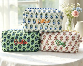 Quilted Floral Makeup Bag with Embroidered Name,Bride & Bridesmaid Makeup Pouch,Vintage Travel Organizer with Zipper,Bridal Wedding Favor