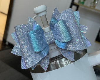 Twinkle Light Blue Straw Tumbler Topper Bow,Shiny Misty Blue Straw Topper Bow,Handmade Glittery Bow for Cup,Tumbler Accessories Gift for Her