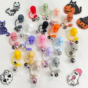 Colorful Skeleton Skull Straw Topper Cover,Reusable Silicone Skull Straw Charm Cover,Straw Cap 30oz 40oz Tumbler Accessories Halloween Party