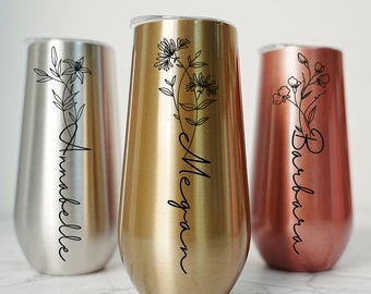 Personalized Birth Flower Stainless Steel Cup With Lid Straw,Custom Name Birth Flower Tumbler,Party Wine Thermos,Bridesmaid Wedding Gifts