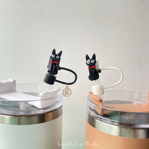 Leuke zwarte Happy Cat strotopper, schattige cartoon kattenrietje, siliconen rietje afdekkapje, rietje stofkap, bekeraccessoires, cadeaus rietje