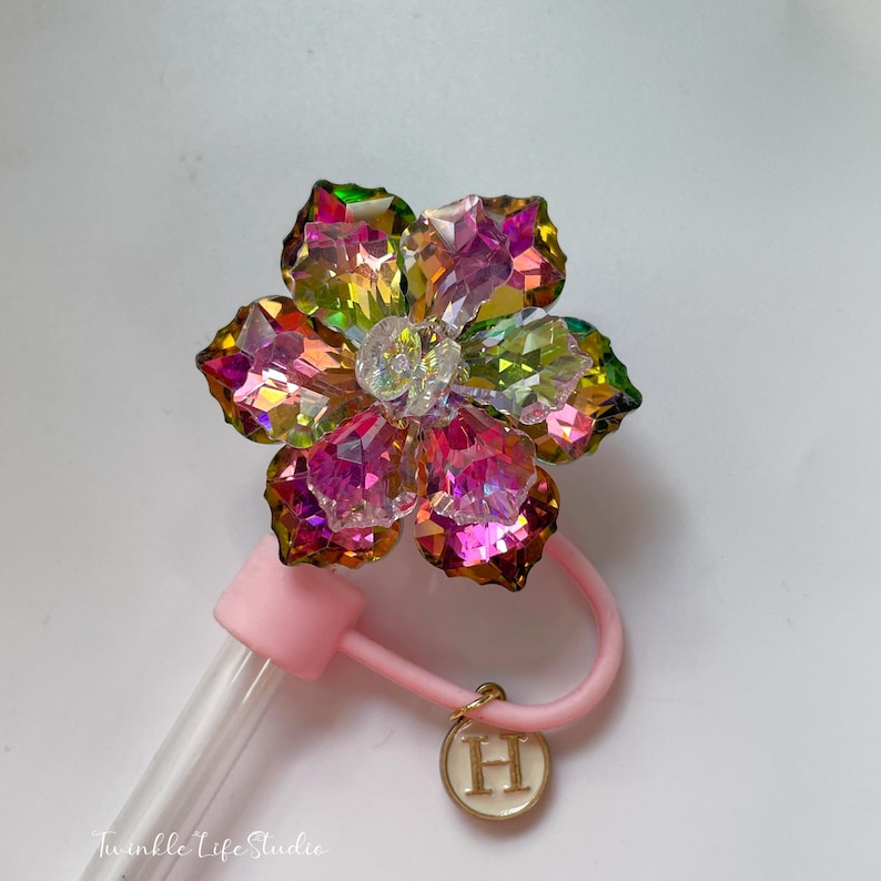 May include: A pink and clear glass straw with a rainbow flower charm and a pink charm with the letter H on it.