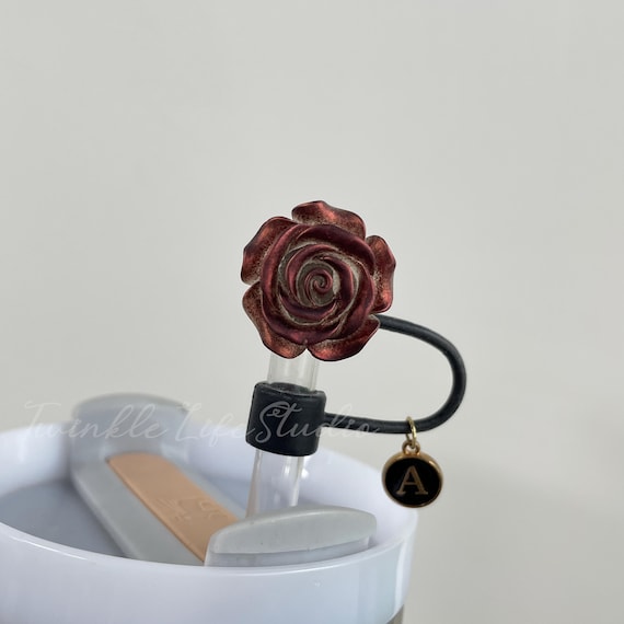 Red-Brown Rose Flower Straw Topper,Drink Tumbler Accessories,Tyla Tyger,Mesa Rose Collection,Polished Rose Gold,Chocolate,Black Snakeskin