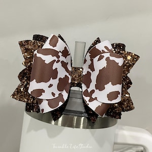 Glittery bruine koe beker topper strik, handgemaakte glanzende bruine cowboy cowgirl stro beker strik, drankje beker strik stro beker accessoires cadeau