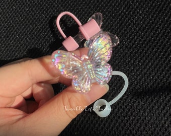 Adorno para pajita con diseño de mariposa láser rosa arcoíris, funda de pajita con diseño de mariposa de elfo rosa brillante de fantasía, accesorios para vasos de bebidas, el mejor regalo para niñas.