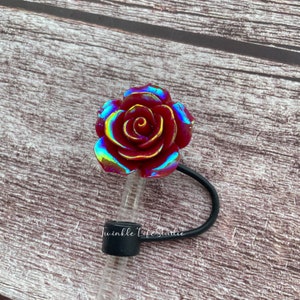Vintage Red Rose Straw Topper,Colorful Laser Rose Flower Straw Cover,Tumbler Accessories,Reusable Silicone Straw Cap,Drink Cup Straw Toppers
