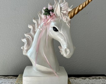 1980's Ceramic Magical Unicorn Head Sculpture Shelf Decor