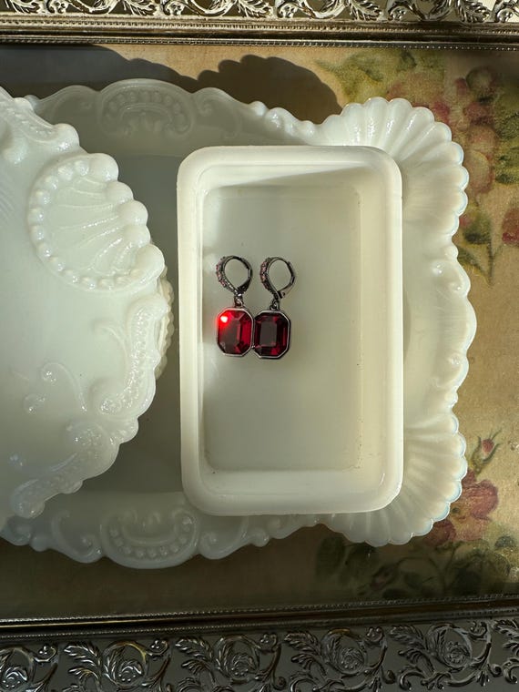 Vintage Givenchy Ruby Red Crystal Drop Earrings G… - image 1
