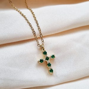 18k Gold Plated Green Emerald Cross Pendant Necklace