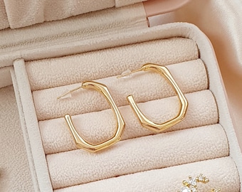Gold Chunky Rectangle Hoop Earrings | Half Hoop Earrings | Minimalist Earrings | Geometric Earrings | Boho Earring | Gift For HerEarrings |