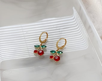 Cherry Huggie Earrings | Cute Dainty Summer Earrings | Cubic Zirconia Cherry Earrings | Gift For Her