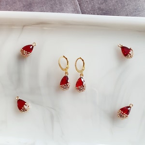 Ruby Red Teardrop Earrings | With Golden Brass Filigree Flower Frame | Summer Earrings | Pretty Huggie Earrings | gift for her