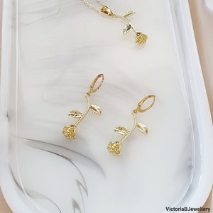 Gold Rose Earrings | Stainless Steel Leverback Flower Earrings