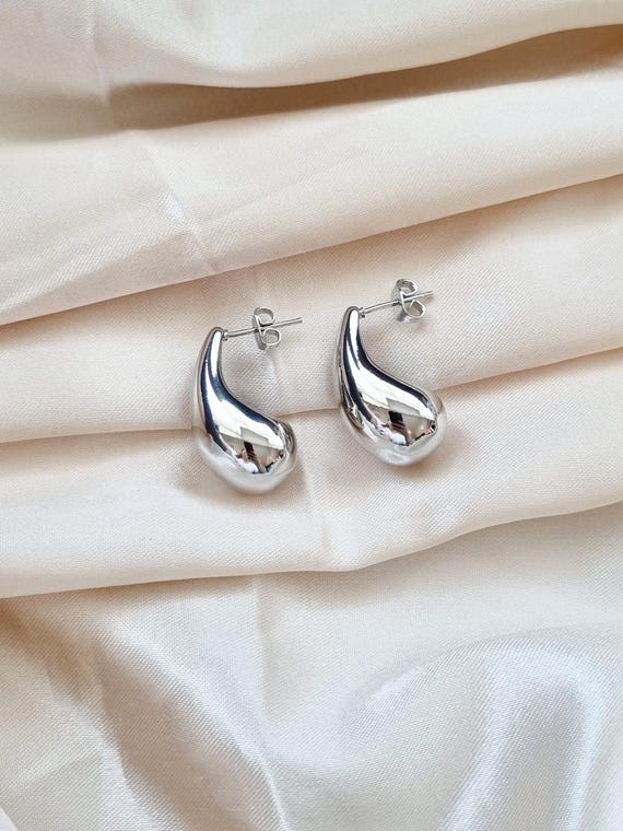 Platinum Plated Teardrop Stud Earrings: Chunky Silver Earrings