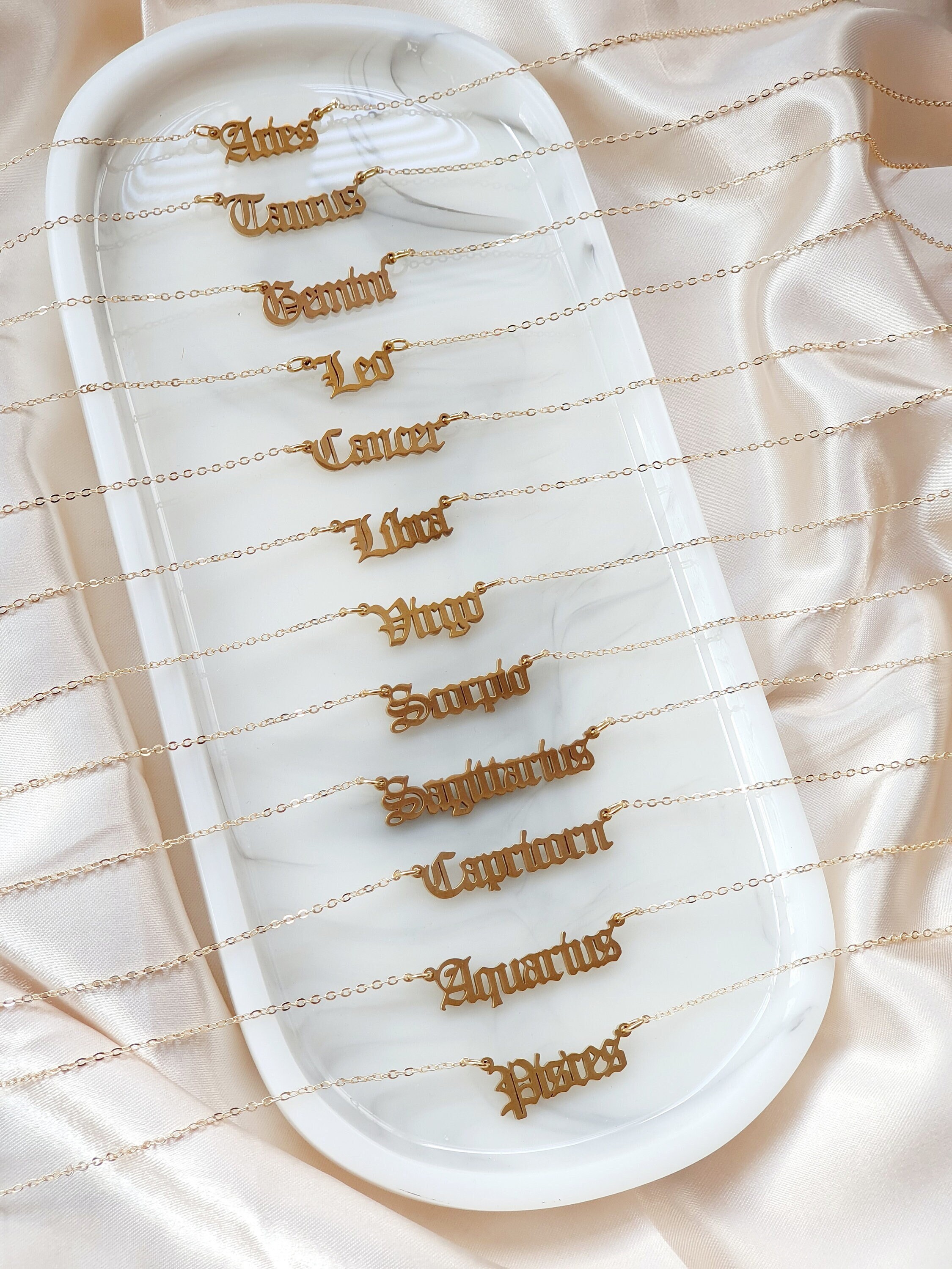 Gold Zodiac Sign Necklace Old English Zodiac Necklace Layering
