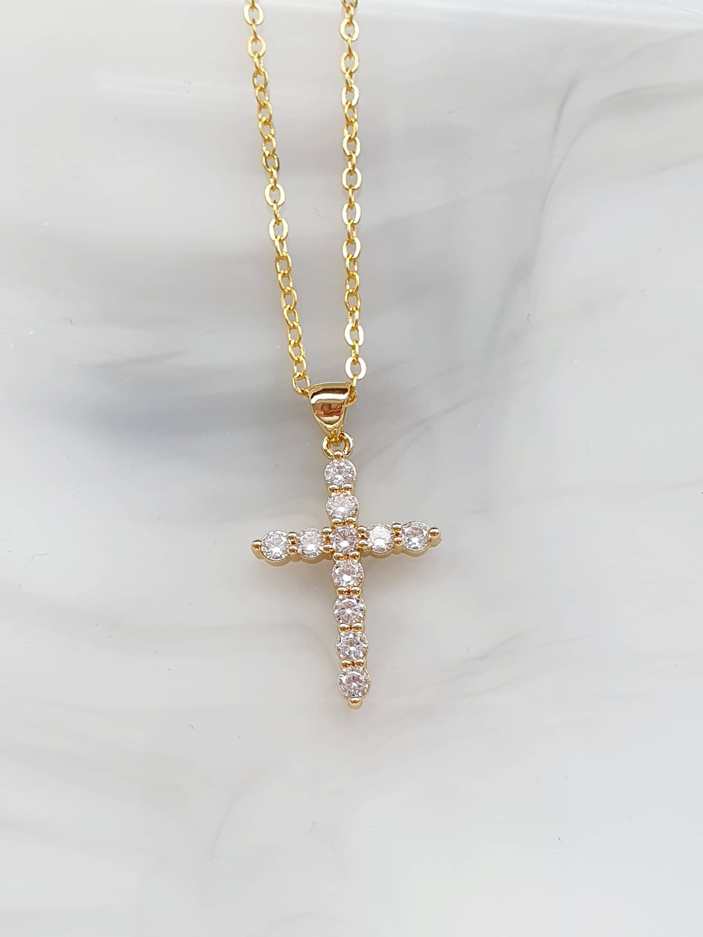 GUEMER Tiny Cross Necklace - 18K Gold Plated, Cubic Zirconia, 18+2 Inch Choker | Simple Faith Jewelry For Women - View #8