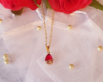 18K Gold Plated Ruby Red Teardrop Necklace | Filigree Flower Frame