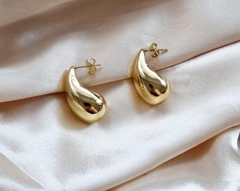 Gold Plated Teardrop Stud Earrings | Chunky Brass