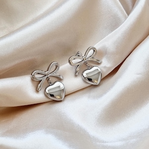 Silver Bowknot Heart Stud Earrings | Dangle Earrings | Non-Tarnish Everyday Earrings | Silver Studs | Gift For Her