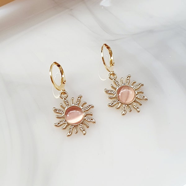 Pink Opal Cats Eye Stone Sunflower Earrings | Sunflower Earrings | Cute Pretty Sunny Earrings | Gift For Her