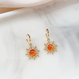 Orange Opal Cats Eye Stone Earrings | Sunflower Earrings | Cute Pretty Sunny Earrings | Gift For Her