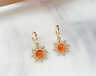 Pendientes de girasol con ojo de gato y ópalo naranja: acero inoxidable dorado