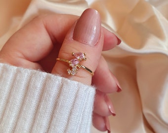 Gold Plated Pink Seahorse Ring | Cubic Zirconia Teardrop, Adjustable