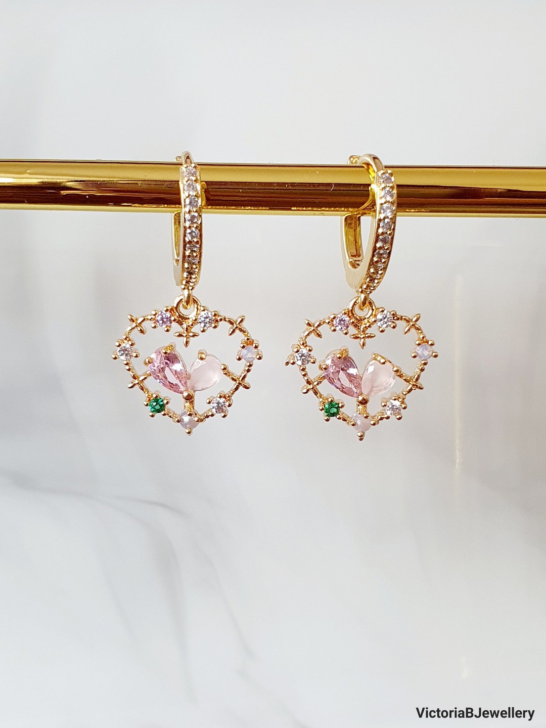 9ct Gold Pink Cubic Zirconia Heart Earrings