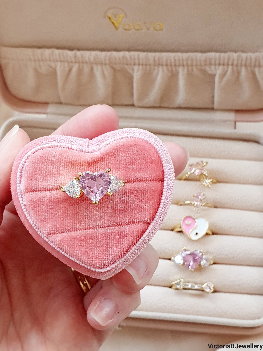 18k Gold Plated Pink Heart Ring | Pink Statement Ring | Adjustable Cuff Ring | Stackable Ring ...