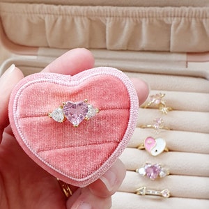 18k Gold Plated Pink Heart Ring | Pink Statement Ring | Adjustable Cuff Ring | Stackable Ring | Kawaii Pretty Heart Ring | Gift For Her