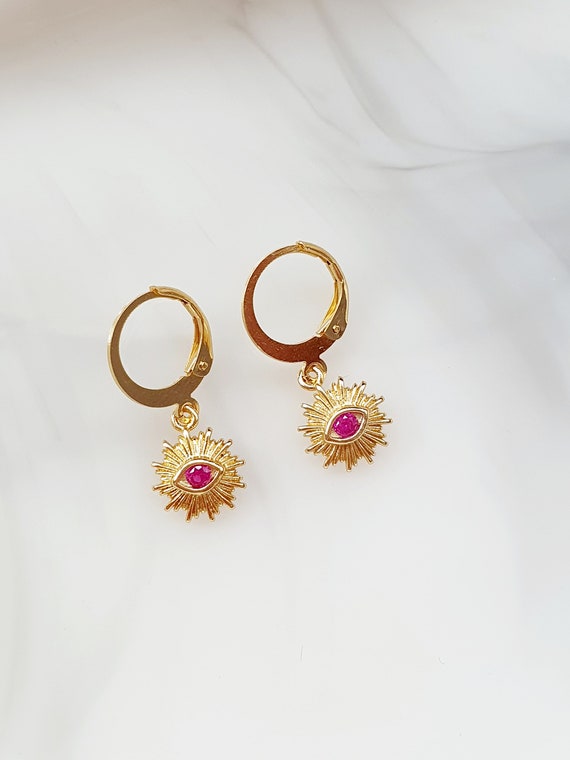 Dark Pink Pupil Evil Eye Earrings | Huggie Earrings | Dainty Cute 
