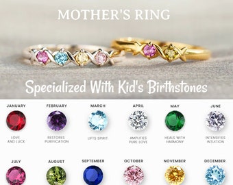 Mother's Ring - Specialized With Kid's Birthstones - Personalized 1-6 Birthstones Xoxo Ring - Gift For Her - Unique Handmade Jewelry Gift
